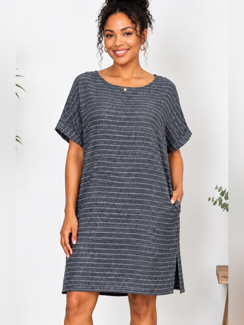 Eileen Fisher Delave Linen Pinstripe Tunic Dress | NWT | Large | Organic Linen
